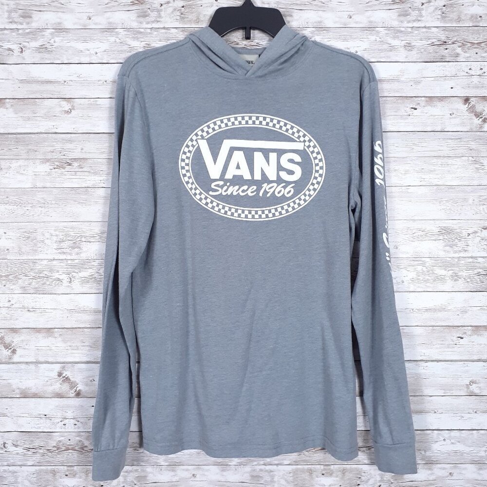Vans Mens Long Sleeve Hooded Tee S Gray White Chekerboard Logo 778
